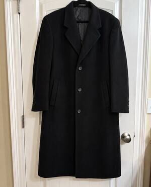 Tailors Row Men’s Black Long Overcoat 42R Wool Cashmere Button Lined Pockets